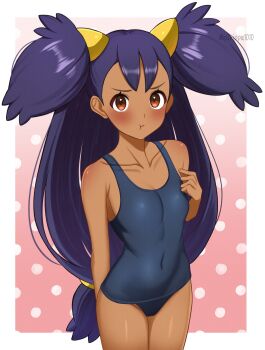 1girl :t alternate_costume black_hair black_one-piece_swimsuit blush border brown_eyes closed_mouth collarbone commentary_request covered_navel cowboy_shot dark-skinned_female dark_skin eyelashes hand_up highres iris_(pokemon) long_hair looking_at_viewer low-tied_long_hair nintendo one-piece_swimsuit outside_border pokemon pokemon_bw pout solo surippa1010 swimsuit two_side_up watermark white_border