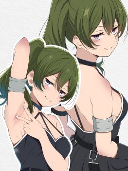 1girl :q arm_strap arm_up armlet armpit_crease armpit_focus armpits back bare_shoulders belt black_belt black_choker black_dress black_gloves blush borgbutler breasts choker collarbone commentary dress fingernails gloves green_hair hair_between_eyes hair_over_shoulder highres jewelry jitome looking_at_viewer looking_back medium_breasts medium_hair multiple_views o-ring o-ring_choker outline presenting_armpit purple_eyes shoulder_blades side_ponytail sideboob sidelocks sideways_glance simple_background single_bare_arm single_glove sleeveless sleeveless_dress smile solo sousou_no_frieren spread_armpit strap sweat tongue tongue_out ubel_(sousou_no_frieren) upper_body v white_background white_outline white_trim