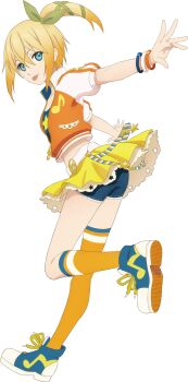 Rule 34 | 1girl, artist request, blonde hair, blue eyes, blue shorts, bracelet, edna (tales), from side, full body, game cg, green ribbon, hair ornament, hair ribbon, highres, idol, idol clothes, jewelry, kneehighs, looking at viewer, medium hair, official alternate costume, official art, orange socks, ribbon, shorts, side ponytail, skirt, socks, solo, tales of (series), tales of asteria, tales of zestiria, third-party source, tongue, tongue out, transparent background, yellow skirt