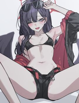 1girl belt bikini bikini_bottom_under_shorts bikini_under_clothes black_bikini black_hair black_jacket black_shorts black_wings blue_archive blush breasts commentary_request eyewear_on_head halo highres ichika_(blue_archive) ichika_(swimsuit)_(blue_archive) jacket long_hair low_wings navel o-ring o-ring_bikini o-ring_top official_alternate_costume one_eye_closed open_clothes open_mouth open_shorts red_belt red_halo shorts simple_background smile solo spread_legs stomach sunglasses swimsuit white_background wings yuke_(sowon5612)