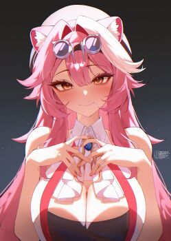 1girl absurdres animal_ears blush breasts cleavage commentary fingernails goggles goggles_on_head hair_between_eyes highres hololive hololive_english large_breasts long_hair looking_at_viewer panther_ears panther_girl pink_hair raora_panthera raora_panthera_(1st_costume) sleeveless smile solo virtual_youtuber weiic yellow_eyes