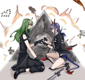 2girls 3others arknights black_boots black_gloves black_jacket black_pants black_shorts blue_hair blush boots ch'en_(arknights) commentary dragon_horns dragon_tail english_commentary explosion fingerless_gloves gloves grenade_pin highres hill_chuchu horns hoshiguma_(arknights) jacket kneeling long_hair marriage_proposal multiple_girls multiple_others open_mouth pants reunion_soldier_(arknights) scene_reference shield shorts single_horn spy_x_family sword tail weapon yellow_eyes yuri