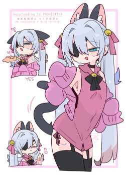 1boy :3 animal_ear_fluff animal_ears arched_back armpits bell black_choker black_ribbon black_thighhighs blue_eyes blue_hair blush bow bulge cardigan cat_boy cat_ears cat_tail choker closed_eyes closed_mouth collared_shirt colored_tips commentary covered_navel cowboy_shot crossdressing crossdressing_(mtf) disembodied_hand double-parted_bangs earclip ears_down eyepatch flipped_hair frilled_shirt_collar frills frown garter_straps grey_tail hair_bell hair_between_eyes hair_bow hair_intakes hair_ornament hand_on_another&#039;s_chin hand_up hands_up heart highres jingle_bell long_hair long_sleeves looking_at_viewer male_focus multicolored_hair multiple_views neck_bell neck_ribbon no_nose no_pants off_shoulder one_eye_covered op_na_yarou open_cardigan open_clothes open_mouth original panties pink_bow pink_cardigan pink_panties pink_shirt portrait quad_tails raised_inner_eyebrows red_hair ribbon rigel_(op_na_yarou) shirt side-tie_panties sidelocks simple_background sleeveless sleeveless_shirt sleeves_past_fingers sleeves_past_wrists standing straight_hair stroking_another&#039;s_chin sweat tail thighhighs thighs trap underwear upper_body v-shaped_eyebrows very_long_hair watermark white_background white_hair