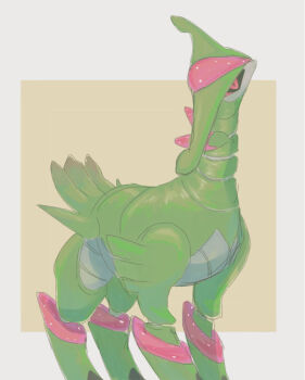 Rule 34 | animal focus, bad id, bad pixiv id, black sclera, border, butter (oshi8kyoumoh), colored sclera, grey border, head tilt, iron leaves, joints, looking at viewer, nintendo, no humans, non-humanoid robot, outside border, pokemon, pokemon (creature), red eyes, robot animal, robot joints, simple background, solo, standing, yellow background