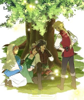 2boys 2girls absurdres black_hair black_pants blanket blonde_hair blue_shawl boots braid breasts brown_boots brown_gloves brown_hair brown_vest closed_eyes dress finger_to_mouth full_body gloves green_dress hair_between_eyes hairband hands_on_own_hips highres holding holding_blanket katarina_neko kneeling laurana_(octopath_traveler) leaning_on_person long_hair looking_at_another medium_breasts multiple_boys multiple_girls octopath_traveler octopath_traveler:_champions_of_the_continent octopath_traveler_0 pants phenn_(octopath_traveler) red_hairband red_pants red_vest shawl shirt shirt_under_dress short_hair single_braid sleeping smile stia_(octopath_traveler) tree under_tree updo veil vest white_dress white_shirt white_veil zero_(octopath_traveler)