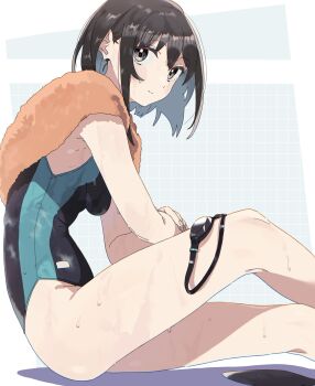 1girl black_eyes black_hair black_one-piece_swimsuit blue_one-piece_swimsuit commentary competition_swimsuit from_side goggles grid_background highres looking_at_viewer machi_(wm) medium_hair one-piece_swimsuit original sitting solo swimsuit towel towel_around_neck two-tone_one-piece_swimsuit unworn_goggles wet