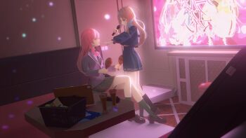 Rule 34 | 2girls, absurdres, artist request, bang dream!, bang dream! it's mygo!!!!!, blue shirt, blue skirt, brown hair, chihaya anon, chinese commentary, commentary request, commission, cup, diagonal-striped clothes, diagonal-striped necktie, green skirt, grey eyes, grey jacket, haneoka school uniform, head wings, highres, holding, holding microphone, jacket, karaoke, karaoke box, long hair, long sleeves, microphone, multiple girls, nagasaki soyo, necktie, open mouth, pink hair, school uniform, second-party source, shirt, skirt, striped clothes, wings