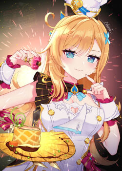 Rule 34 | 1girl, ahoge, blonde hair, blue eyes, blush, bottle, breasts, cleavage, closed mouth, commentary request, escoffier (genshin impact), fingernails, fork hair ornament, genshin impact, hands up, heart, heart in eye, holding perfume, long hair, looking at viewer, medium breasts, naomi (fantasia), perfume bottle, signature, solo, symbol in eye, upper body, very long hair, white wrist cuffs, wrist cuffs