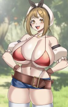 1girl :d absurdres atelier_(series) atelier_ryza barrel belt beret bikini bomb bow bracelet breasts brown_belt brown_eyes brown_gloves brown_hair curvy dekapaiyukari explosive gloves hair_ornament hairclip hand_on_own_hip hat hat_bow highres huge_breasts hz_(666v) jewelry looking_at_viewer narrow_waist necklace open_mouth outdoors pouch puffy_sleeves red_bikini reisalin_stout second-party_source shirt short_hair short_shorts shorts smile solo star_(symbol) star_necklace swimsuit thick_thighs thigh_pouch thighhighs thighs underboob white_hat white_thighhighs