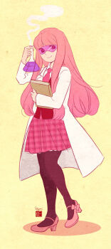 1girl adventure_time beaker black_pantyhose book colored_skin female_focus hiyori_chisha lab_coat long_hair looking_at_viewer mary_janes necktie pantyhose pink_hair pink_skin plaid_clothes plaid_skirt princess_bonnibel_bubblegum school_uniform shoes skirt smile solo thighhighs vest
