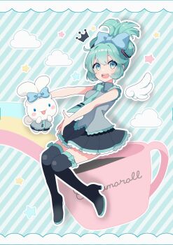 1girl :d aqua_hair bare_shoulders binchou_maguro black_boots black_skirt black_sleeves blue_bow blue_eyes blue_necktie blush boots bow cinnamiku cinnamoroll cloud collared_shirt commentary_request cup detached_sleeves detached_wings full_body fuwa_fuwa_cinnamoroll green_background hair_bow hatsune_miku highres long_sleeves looking_at_viewer miniskirt necktie open_mouth outline pleated_skirt sanrio shirt short_hair sitting skirt sleeveless sleeveless_shirt smile solo star_(symbol) striped_background thigh_boots twintails updo vocaloid white_outline white_wings wings