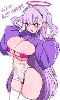 1girl apron areola_slip bikini blush breasts bright_pupils choker collar collared_shrug cowboy_shot eyepatch_bikini fang frilled_collar frills halo highres large_breasts long_hair looking_at_viewer navel oha_(oha_h22) open_mouth original panties purple_bikini purple_eyes purple_hair purple_halo purple_panties see-through_clothes sharurune_(oha) shrug_(clothing) skindentation solo strapless strapless_bikini swimsuit thighhighs twintails underwear waist_apron white_thighhighs