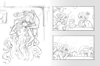 2girls absurdres bang_dream! bang_dream!_it&#039;s_mygo!!!!! blush breasts closed_mouth greyscale hair_bun hair_up highres medium_breasts misumi_uika monochrome monster_girl monsterification multiple_girls musical_note nideaneng nude one_eye_closed open_mouth pointy_ears same-sex_bathing scylla shared_bathing smile spoken_musical_note tentacles togawa_sakiko wet yuri