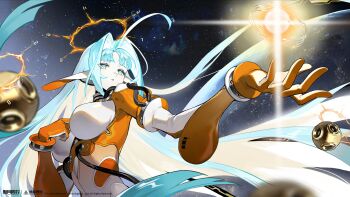 1girl absurdres ahoge blue_eyes blue_hair bodysuit breasts copyright_name copyright_notice floating_hair glowing hair_intakes hands_up highres large_breasts logo long_hair looking_at_viewer mechanical_ears multicolored_bodysuit official_art official_wallpaper orange_bodysuit parted_lips shuguang_(xinyue_tongxing) solo space star_(sky) starry_sky_background two-tone_bodysuit upper_body very_long_hair white_bodysuit xinyue_tongxing