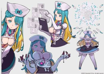 1girl @_@ aqua_eyes aqua_hair blonde_hair blood blood_on_hands braid breasts cleavage dress hat highres kuroboshi_kouhaku large_breasts long_hair multicolored_hair multiple_views nurse nurse_cap official_art pantyhose scalpel tsurugihime two-tone_hair white_pantyhose zeusix_xiii