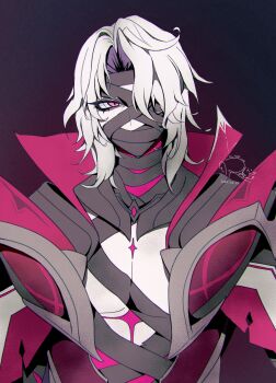 1boy absurdres bandage_on_chest bandage_on_face bandage_over_one_eye bandaged_head bandaged_neck bandages black_background black_bandages cape chest_markings collared_cape colored_inner_hair commentary_request genshin_impact highres male_focus medium_hair messy_hair multicolored_hair one_eye_covered parted_bangs pectoral_cleavage pectorals pink_cape pink_eyes pink_star popped_collar rerir_(genshin_impact) scowl shell_new_ekaki signature simple_background slit_pupils star_(symbol) upper_body white_hair