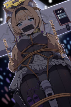 1girl absurdres animal_ear_fluff animal_ears arms_up bdsm blonde_hair blue_archive blue_eyes blush bondage bound bound_arms bound_breasts bound_legs bound_wrists breasts female_focus forced_orgasm gag gagged halo highres hitachi_magic_wand improvised_gag long_hair looking_at_viewer mari_(blue_archive) mari_(idol)_(blue_archive) mimoun nipple_stimulation panties restrained shibari shibari_over_clothes small_breasts solo stage stationary_restraints tape tape_gag tied_up_(nonsexual) translation_request underwear variant_set vibrator vibrator_on_nipple vibrator_under_clothes yellow_halo