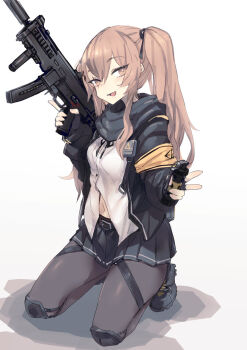 1girl :d bad_id bad_tumblr_id bee_(deadflow) belt black_boots black_ribbon boots bright_pupils brown_eyes brown_hair fang female_focus fingerless_gloves flashback girls'_frontline gloves grey_gloves grey_jacket grey_pantyhose grey_scarf grey_skirt gun h&amp;k_ump hair_between_eyes heckler_&amp;_koch highres holding holding_weapon jacket knee_pads kneeling long_sleeves looking_at_viewer navel neck_ribbon one_side_up open_clothes open_jacket open_mouth pantyhose pleated_skirt ribbon scarf simple_background skirt smile solo submachine_gun trigger_discipline ump9_(girls'_frontline) w weapon white_background