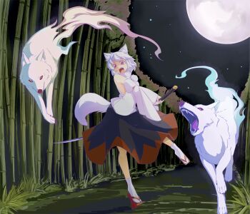 Rule 34 | 1girl, animal ears, arched back, armband, attack, bamboo, bamboo forest, black skirt, detached sleeves, fangs, female focus, forest, full moon, geta, grass, holding, holding sword, holding weapon, inubashiri momiji, kokutei n, legs, long skirt, moon, moonlight, nature, night, night sky, open mouth, path, pom pom (clothes), red eyes, road, shaded face, short hair, skirt, sky, sleeveless, solo, spirit, star (sky), sword, tabi, tail, teeth, tengu-geta, tongue, touhou, turtleneck, vanishing point, weapon, white hair, white legwear, wolf, wolf ears, wolf tail