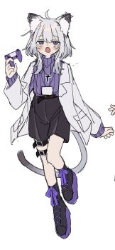 1other :d ahoge animal_ear_fluff animal_ear_piercing animal_ears ankle_boots arm_at_side belt black_belt black_boots black_shorts boots clenched_hand coat commentary controller cross cross_necklace expressionless fangs foot_up footwear_ribbon full_body game_controller gradient_tail grey_hair grey_tail half-closed_eyes hand_up highres holding holding_controller holding_game_controller jewelry lab_coat lace-up_boots latin_cross long_sleeves looking_at_viewer medium_hair necklace open_clothes open_coat open_mouth original other_focus platform_footwear pocket purple_eyes purple_ribbon purple_sweater ribbed_sweater ribbon saku_(saku_3193) shion_(saku_3193) short_hair_with_long_locks shorts simple_background sketch smile sweater thigh_belt thigh_strap turtleneck turtleneck_sweater white_background white_coat wolf_cut