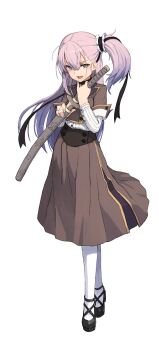 Rule 34 | 10s, 1girl, female focus, full body, green eyes, hair ribbon, highres, holding, holding sword, holding weapon, katana, long hair, long skirt, official art, pantyhose, pink hair, ribbon, sheath, sheathed, shizuma yoshinori, side ponytail, skirt, solo, standing, sword, toji no miko, tsubakuro yume, very long hair, weapon, white background, white pantyhose