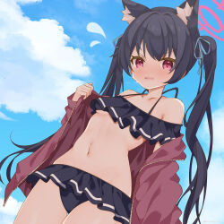 Rule 34 | 1girl, absurdres, animal ear fluff, animal ears, bikini, black bikini, black hair, blue archive, blue sky, blush, breasts, cat ears, cloud, day, flying sweatdrops, frilled bikini, frills, hair ribbon, halo, highres, jacket, long hair, looking at viewer, navel, off shoulder, official alternate costume, open clothes, open jacket, open mouth, outdoors, red eyes, ribbon, saekiya sabou, serika (blue archive), serika (swimsuit) (blue archive), sky, small breasts, solo, stomach, swimsuit, twintails, underboob