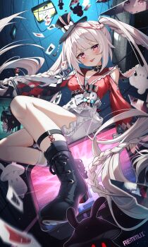 1girl :p absurdres black_hat blush bow braid breasts choker clothing_cutout diamond_(shape) diamond_facial_mark facial_mark gloves hair_intakes hat heart heart_facial_mark highres honkai:_star_rail honkai_(series) long_hair looking_at_viewer maeru medium_breasts open_mouth pink_eyes shoulder_cutout smile solo sparkle_(honkai:_star_rail) sparxie_(honkai:_star_rail) television tongue tongue_out top_hat twintails white_hair