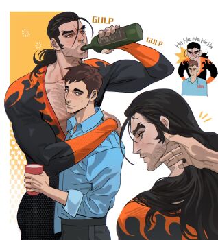 Rule 34 | 2boys, absurdres, arm around shoulder, beard stubble, beer bottle, black bodysuit, black hair, black pants, blue octopus12, blue shirt, bodysuit, bottle, brown hair, chest hair, collared shirt, cup, dispatch, drunk, facial hair, flambae (dispatch), hand in another's hair, hashtag-only commentary, highres, holding, holding bottle, holding cup, long hair, looking at viewer, male focus, multiple boys, orange eyes, pants, pectoral cleavage, pectorals, robert robertson, shirt, short hair, simple background, smile, stubble, superhero costume, upper body, white background, yaoi