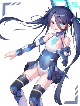 1girl absurdres aris_(armed)_(blue_archive) aris_(blue_archive) bare_shoulders black_hair blue_archive blue_eyes blue_hair blue_necktie breasts commentary green_halo groin haha_itsmela hair_between_eyes halo highres leotard long_hair long_hair_between_eyes looking_at_viewer necktie open_mouth rectangular_halo small_breasts solo thighhighs twintails very_long_hair white_leotard