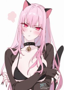 Rule 34 | 1girl, :t, absurdres, alternate costume, animal ears, black choker, black nails, blush, breasts, cat choker, cat ears, cat girl, cat tail, choker, cleavage, closed mouth, collar, commentary, extra ears, highres, hololive, hololive english, kamiya maneki, large breasts, long hair, long sleeves, looking at viewer, mori calliope, nail polish, pink eyes, pink hair, pout, red eyes, signature, simple background, solo, spiked collar, spikes, symbol-only commentary, tail, twitter username, virtual youtuber, white background