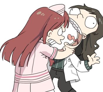 2girls black_pants brown_hair coat dress hano9789 hat homer_strangling_bart_(meme) idolmaster idolmaster_million_live! idolmaster_million_live!_theater_days kitazawa_shiho long_hair long_sleeves looking_at_another matt_groening_(style) meme multiple_girls nurse nurse_cap official_alternate_costume open_mouth pants parody pink_dress red_hair short_sleeves simple_background standing strangling style_parody tanaka_kotoha teeth the_simpsons tongue toon_(style) white_background white_coat