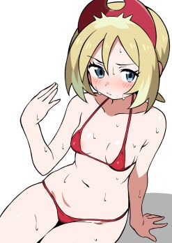 1girl alternate_costume arm_support bikini blonde_hair blush breasts closed_mouth collarbone commentary_request ecgg_(tsuji418477) eyelashes fanning_self grey_eyes hairband hand_up highres irida_(pokemon) navel nintendo pokemon pokemon_legends:_arceus red_bikini red_hairband short_hair sitting solo sweat swimsuit white_background