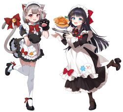 Rule 34 | 2girls, :d, animal ear fluff, animal ear legwear, animal ears, animal hands, apron, black dress, black footwear, black hair, blue eyes, blush, bow, braid, breasts, broken, brown pantyhose, cat ear legwear, cat ears, cat girl, cat tail, chobi (penguin paradise), collared dress, commentary, dress, extra ears, fang, food, frilled apron, frilled dress, frills, full body, gloves, grey hair, hair bow, hair ornament, heart, heart hair ornament, high heels, highres, juliet sleeves, large breasts, long hair, long sleeves, maid, maid apron, maid headdress, multicolored hair, multiple girls, neneko mashiro, one eye closed, one side up, open mouth, pancake, pancake stack, pantyhose, paw gloves, plate, puffy sleeves, red bow, red hair, shirayuki hina, shoes, short hair, simple background, smile, solo, standing, standing on one leg, stellive, streaked hair, symbol-only commentary, tail, thighhighs, tray, two-tone hair, very long hair, virtual youtuber, white apron, white background, white thighhighs