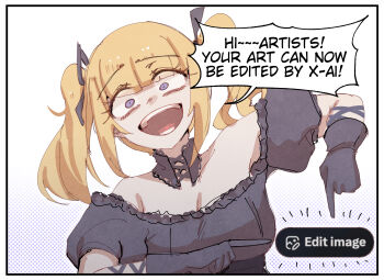 1girl ani_(xai) at2. black_dress black_gloves black_ribbon blonde_hair breasts cleavage commentary dress english_commentary english_text gloves hair_ribbon highres large_breasts long_hair looking_at_viewer merryweather open_mouth pointing purple_eyes ribbon simple_background smile solo speech_bubble teeth tongue twintails twitter twitter's_edit_image_button upper_body