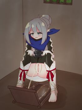 1024_edamame 1girl anus barefoot blue_scarf blush cleft_of_venus feet fire_emblem fire_emblem_fates fire_emblem_if gloves grey_eyes grey_hair hair_between_eyes hair_bun hair_tied_back handkerchief highres female_kana_(fire_emblem) loli nintendo outhouse pantyhose parted_lips pee_stain peeing pussy scarf single_hair_bun squat_toilet squatting stirrup_legwear toeless_legwear toes uncensored white_gloves