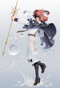 Rule 34 | 1boy, 2025, artist name, ass, bishounen, black boots, black cloak, blindfold, boots, brown hair, brown trim, capri pants, casting spell, center frills, cloak, commentary request, dated, facing back, floating clothes, floating hair, frills, from behind, full body, gold trim, gradient background, grin, highres, holding, holding staff, invisible floor, kunon gurion, long sleeves, mage staff, magic, majutsushi kunon wa mieteiru, male focus, medium hair, outstretched arm, pants, po-ju, refraction, shirt, sidelocks, signature, silver trim, smile, solo, splashing, staff, standing, standing on one leg, water, white background, white pants, white shirt, wizard