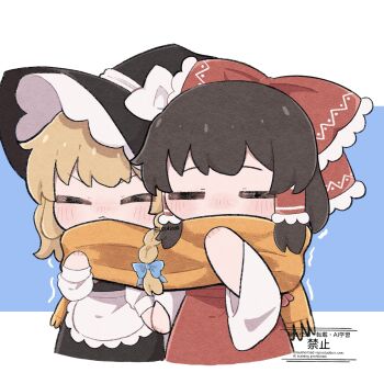 2girls apron black_hat black_skirt black_vest blonde_hair blue_bow blush bow braid brown_hair chibi chibi_only closed_eyes cold commentary_request facing_viewer frilled_bow frilled_hair_tubes frills hair_bow hair_tubes hakurei_reimu hat hat_bow highres holding_hands kirisame_marisa long_hair multiple_girls orange_scarf red_bow red_skirt scarf shared_clothes shared_scarf side_braid single_braid skirt skirt_set touhou trembling uzuki_(amayadori) vest waist_apron white_apron white_bow witch_hat yuri