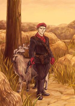 artist_request bandolier belt beret boots bullet colt_single_action_army gloves goat gun handgun hat highres holster male_focus metal_gear_(series) metal_gear_solid_3:_snake_eater military military_uniform pistol red_gloves revolver revolver_ocelot solo weapon