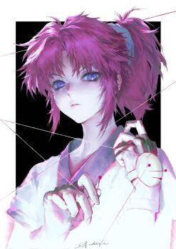 1girl eyelashes hashtag-only_commentary highres holding holding_needle hunter_x_hunter japanese_clothes machi_komacine mismatched_eyebrows needle pink_hair ponytail sidelocks signature solo upper_body v-shaped_eyebrows whistle_0324