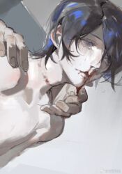 Rule 34 | 1boy, blood, blood drip, blue hair, bruise on neck, collarbone, crying, crying with eyes open, dutch angle, eyelashes, fingernails, grey background, grey eyes, gslkey, hand on another&#039;s shoulder, highres, kitagawa yuusuke, looking ahead, male focus, nosebleed, parted lips, persona, persona 5, short hair, simple background, solo focus, streaming tears, tears, topless male, weibo watermark