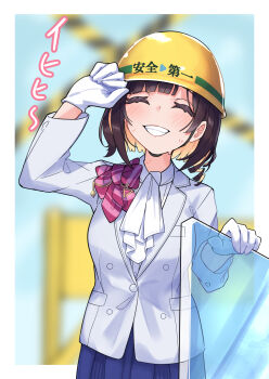 1girl blonde_hair blue_skirt blurry blurry_background bow brown_hair clenched_teeth closed_eyes collared_shirt colored_inner_hair commentary cropped_legs english_commentary glass hard_hat helmet highres hololive izuki_michiru long_sleeves medium_hair multicolored_hair pink_bow rlus shirt skirt smile solo standing sweat teeth virtual_youtuber white_shirt