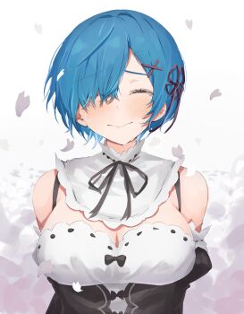 1girl black_dress black_ribbon blue_hair breasts cleavage closed_eyes closed_mouth commentary_request crying dress hair_ornament hair_over_one_eye highres large_breasts maid pink_ribbon re:zero_kara_hajimeru_isekai_seikatsu rem_(re:zero) revision ribbon roswaal_mansion_maid_uniform shiro_(koob173) short_hair solo streaming_tears tears x_hair_ornament