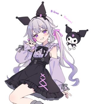 1girl black_bow black_nails black_skirt blush bow character_name collared_shirt commentary crossover detached_sleeves dress_shirt frilled_skirt frills grin hair_bow head_tilt highres hitsukuya hololive hololive_english koseki_bijou kuromi long_sleeves looking_at_viewer low_twintails multicolored_hair nail_polish onegai_my_melody pink_bow pink_hair puffy_long_sleeves puffy_sleeves purple_eyes purple_shirt purple_sleeves sanrio shirt simple_background skirt sleeveless sleeveless_shirt sleeves_past_wrists smile suspender_skirt suspenders twintails two-tone_hair virtual_youtuber white_background