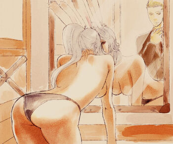animal_ears ass balflear bent_over breasts couple dark_skin dressing final_fantasy final_fantasy_xii fran mirror no_nipples nu_(artist) panties rabbit_ears red_eyes topless_female underwear viera white_hair