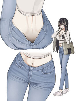 1girl absurdres ass bag black_hair blue_pants breasts brown_bag cleavage closed_mouth commentary crop_top cropped_shirt denim downpants freeman_(tkuh4475) hands_up highres hololive hololive_dev_is impossible_clothes impossible_shirt jeans juufuutei_raden large_breasts long_sleeves looking_to_the_side midriff multicolored_hair multiple_views navel pants partially_unbuttoned shirt shoes shoulder_bag sideways_glance simple_background sneakers standing streaked_hair virtual_youtuber walking white_background white_shirt