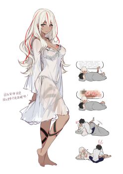 Rule 34 | > <, 1boy, 1girl, puff of air, ai the somnium files, ai the somnium files: nirvana initiative, aki663, anger vein, barefoot, black bra, black hair, black panties, blush, bra, breasts, censored, chinese text, closed eyes, commentary request, cupless bra, dark-skinned female, dark skin, dress, head bump, hetero, highres, large breasts, lingerie, long hair, lying, multicolored hair, multiple views, nipples, on side, panties, red eyes, red hair, ryuki kuruto, see-through clothes, see-through dress, shirt, simple background, streaked hair, tama (ai the somnium files), translation request, underwear, very long hair, white background, white dress, white hair