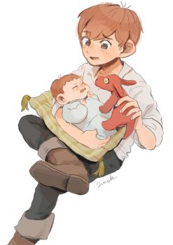 1boy 1girl baby blush boots carrying carrying_baby carrying_person chilchuck_tims collared_shirt commentary crossed_legs crying dungeon_meshi father_and_daughter hair_between_eyes highres huck_8989 invisible_chair male_focus open_mouth pants pillow shirt short_hair signature sitting stuffed_toy white_background