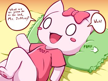 1girl 4chan :3 :d absurdres animal_ears bed_sheet blush_stickers bow cat_ears character_name english_text female_focus furry furry_female halfdime head_on_pillow highres loli lying meme moot no_pupils on_back open_mouth pawpads pillow pomf red_bow red_shirt shirt smile solo speech_bubble white_eyes