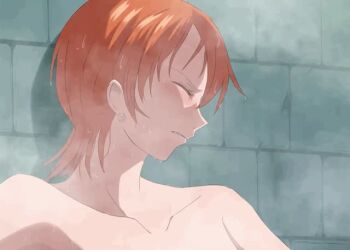 1girl against_wall animated anime_screenshot blush breasts censored cleft_of_venus closed_eyes collarbone completely_nude gluteal_fold lelie_(lelie_link) medium_breasts mosaic_censoring nami_(one_piece) navel nipples nude nude_filter one_piece orange_hair pussy short_hair steam stomach tagme thighs third-party_edit trembling video wet
