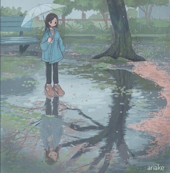 1girl absurdres ariake_(shiroan_koshian) bench black_hair black_pants blue_jacket brown_shoes cherry_blossoms falling_petals fence grass highres holding holding_umbrella jacket looking_down original outdoors pants petals puddle rain reflection reflective_liquid shoes standing transparent transparent_umbrella tree umbrella